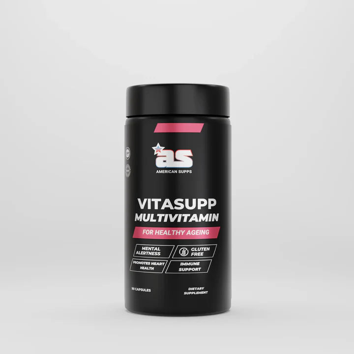 Black supplement container labeled 'Vitasupp Multivitamin' on a gray background