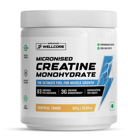 Wellcore Micronised Creatine Monohydrate supplement container on a white background