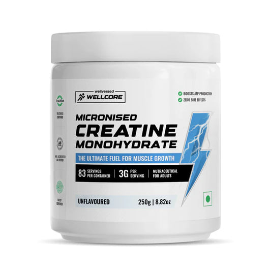 Wellcore Micronised Creatine Monohydrate supplement container on a white background
