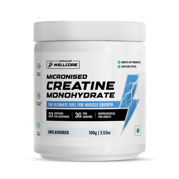 Wellcore Micronised Creatine Monohydrate supplement container on a white background