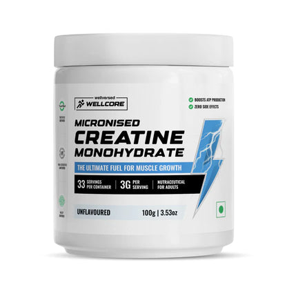 Wellcore Micronised Creatine Monohydrate supplement container on a white background