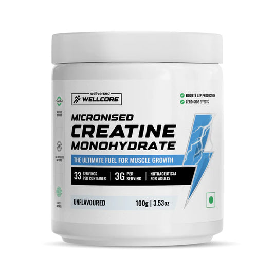 Wellcore Micronised Creatine Monohydrate supplement container on a white background
