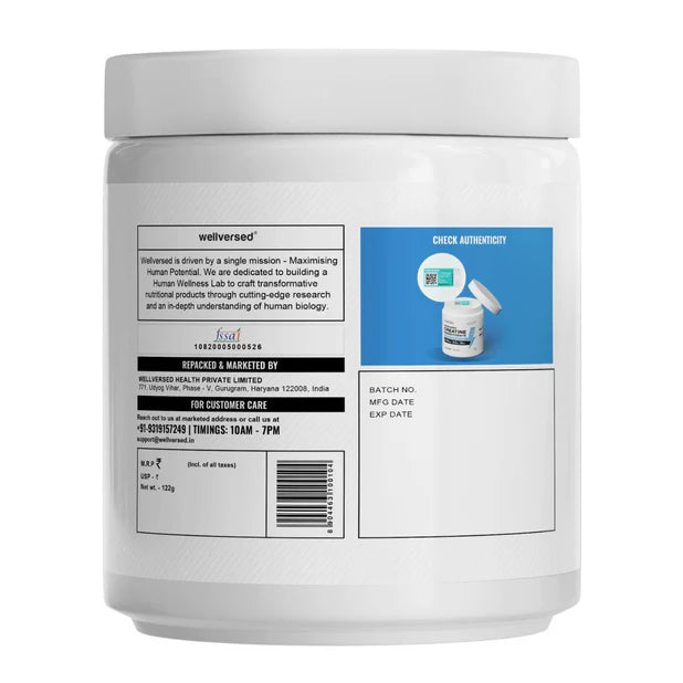 Back label of a supplement container with branding and product details on a white background
