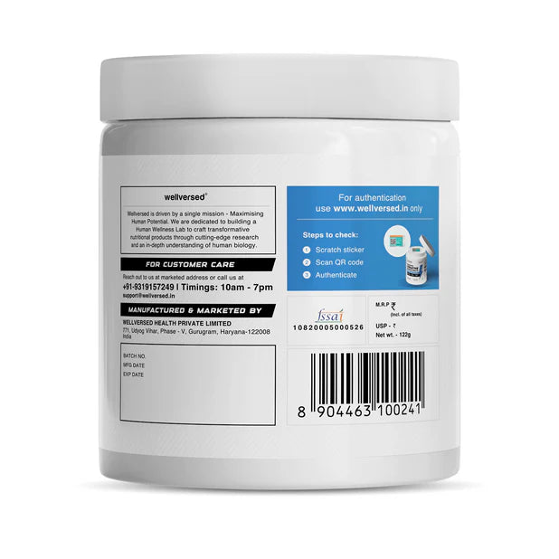 Back label of a supplement container with text and barcodes on a white background