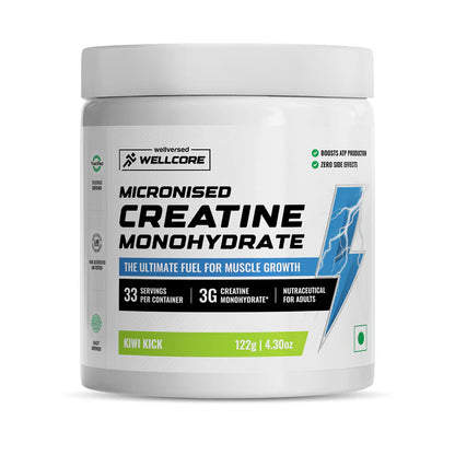 Wellcore Micronised Creatine Monohydrate supplement container on a white background