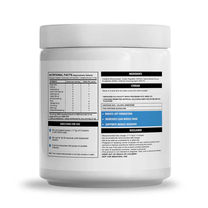 Supplement container with nutritional facts and directions for use on a white background