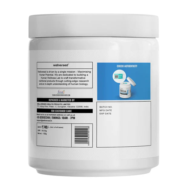 Back label of a supplement container with branding and product details on a white background