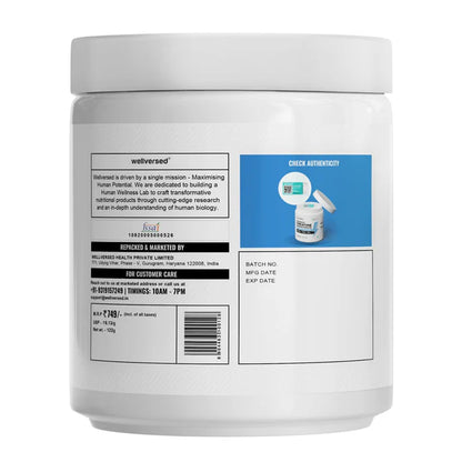 Back label of a supplement container with branding and product details on a white background