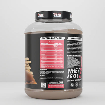 Whey protein supplement container with label on a white background