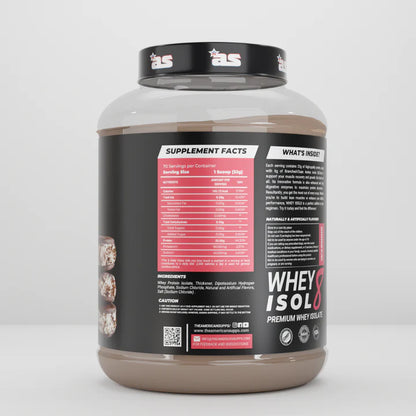 Whey protein supplement container with label on a white background