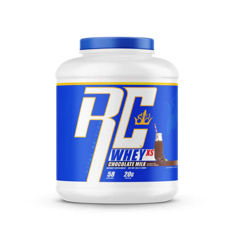 White protein powder container with blue label on a white background