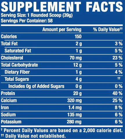 Supplement facts label with detailed nutritional information on a blue background