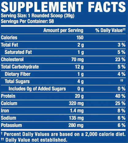 Supplement facts label with detailed nutritional information on a blue background