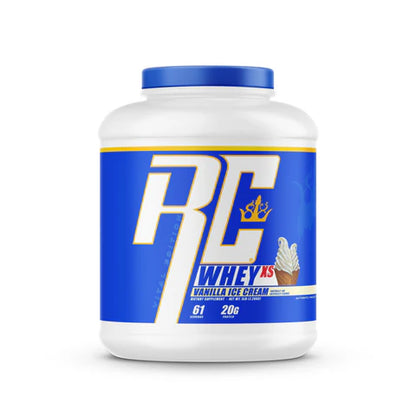 RC Whey KS protein powder container with blue and white label on a white background