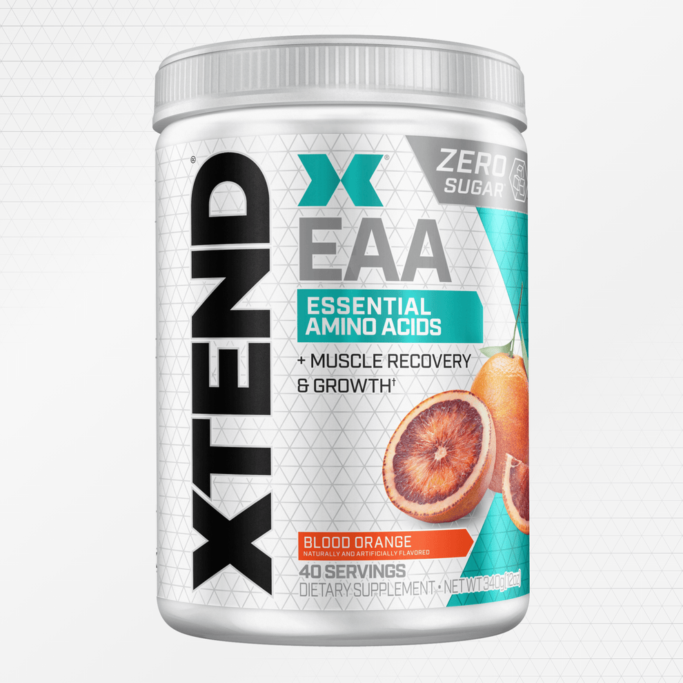 Container of Xtend EAA supplement with blood orange flavor on a white background