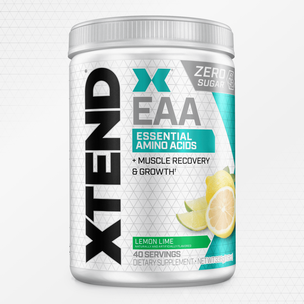 Container of Xtend EAA supplement with lemon lime flavor on a white background