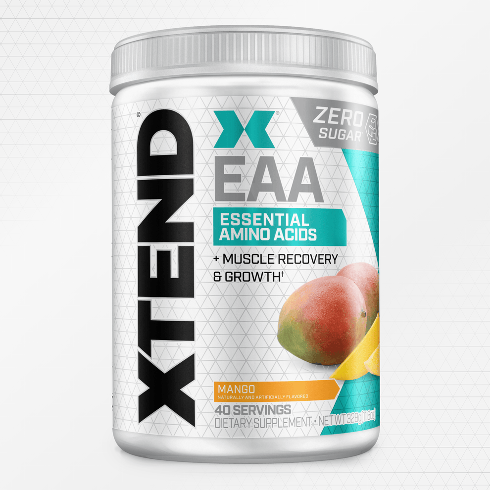 Container of Xtend EAA supplement with mango flavor on a white background