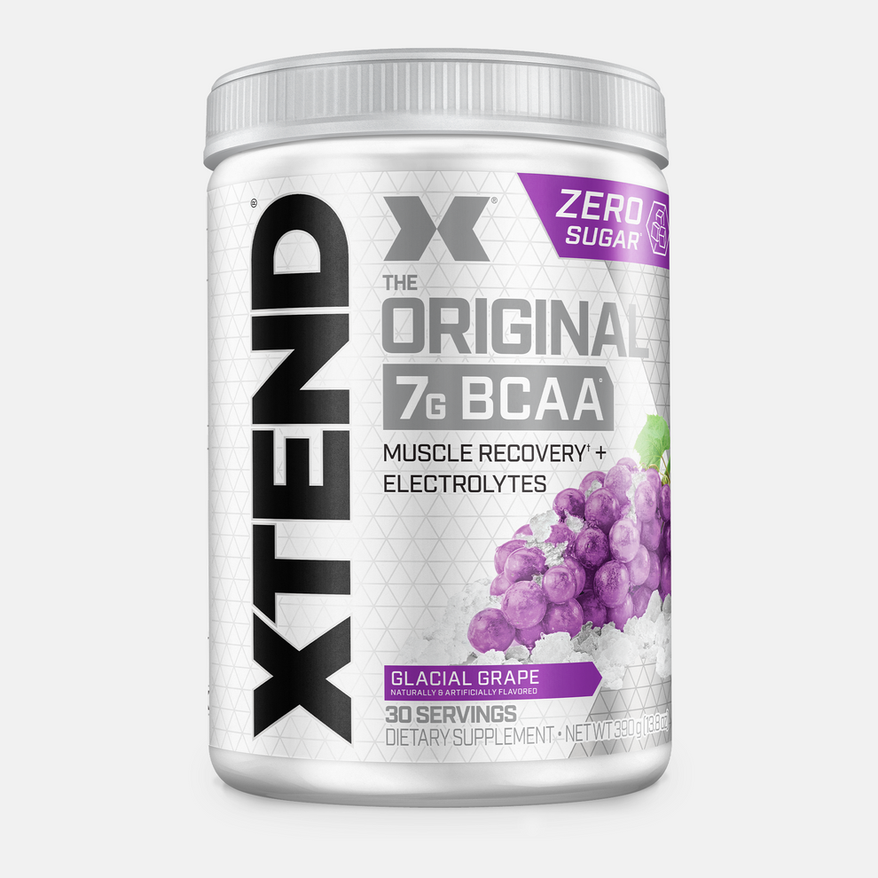 Container of Xtend BCAA supplement in glacial grape flavor on a white background