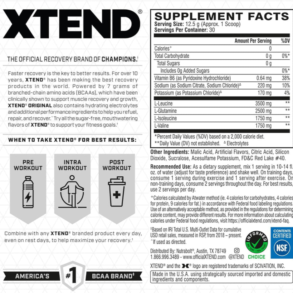 Nutritional label for XTEND supplement with serving size, calories, and ingredients listed.