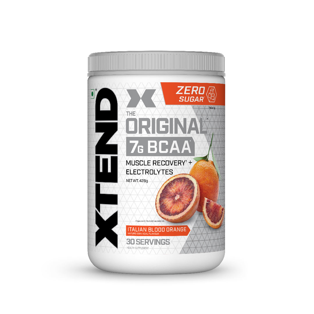 Container of XTEND BCAA supplement with blood orange flavor on a white background