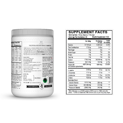 Supplement container with nutritional facts label on a white background