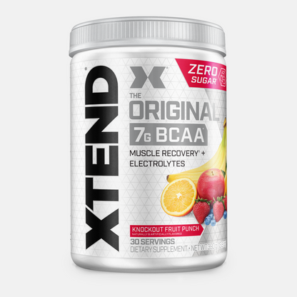 Container of XTEND BCAA supplement with fruit flavors on a white background