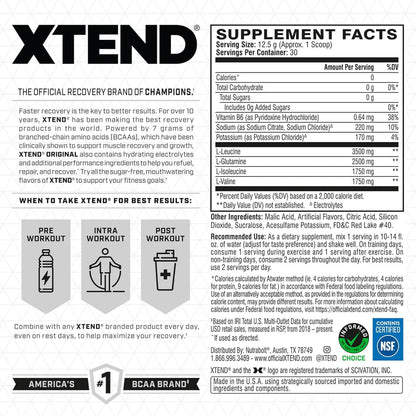 Nutritional label for XTEND supplement with serving size, calories, and ingredients listed.