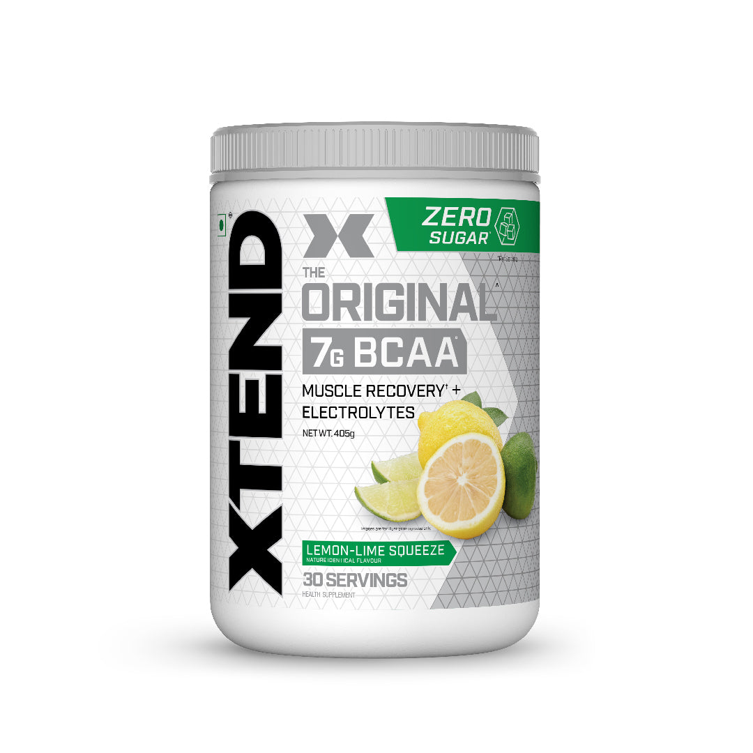 Container of XTEND BCAA supplement with lemon-lime flavor on a white background