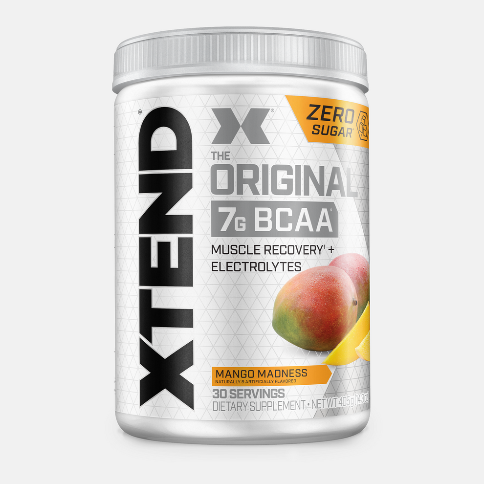 Container of XTEND BCAA supplement with mango flavor on a white background