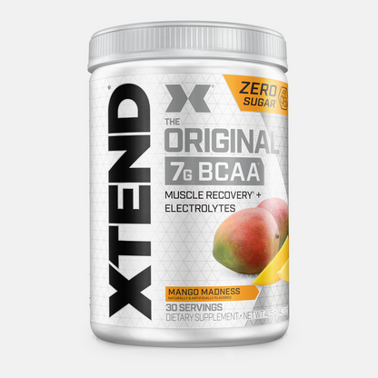 Container of XTEND BCAA supplement with mango flavor on a white background