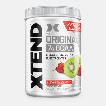 XTEND BCAA supplement container with strawberry kiwi splash flavor on a white background