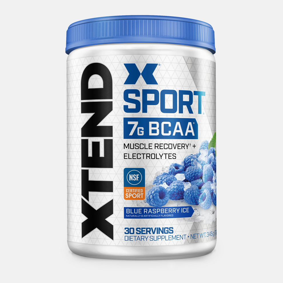 Container of XTEND Sport 7G BCAA supplement with blue raspberry ice flavor on a white background