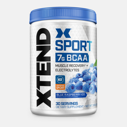 Container of XTEND Sport 7G BCAA supplement with blue raspberry ice flavor on a white background