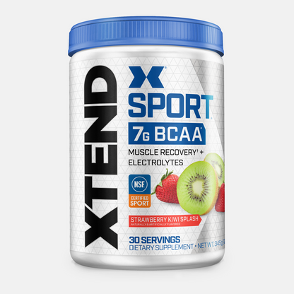 Supplement container labeled 'XTEND Sport 7g BCAA' with a blue lid on a white background