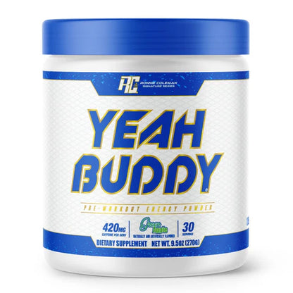 Supplement container labeled 'Yeah Buddy' with blue and white design on a white background