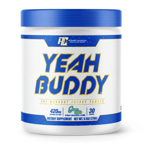 Supplement container labeled 'Yeah Buddy' with blue and white design on a white background