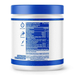 Supplement container with blue label on a white background