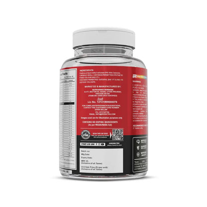 Supplement bottle with a red label on a white background