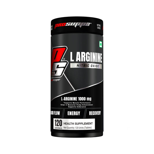 Supplement container labeled 'L Arginine' by ProSupps on a white background