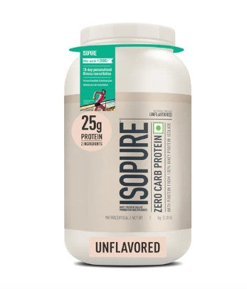 Isopure protein powder container on a white background